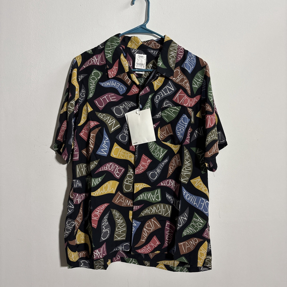 NEW MEN’S VISVIM FREE EDGE SHORT SLEEVE SHIRT PENNANTS SIZE 2 BLACK RAYON